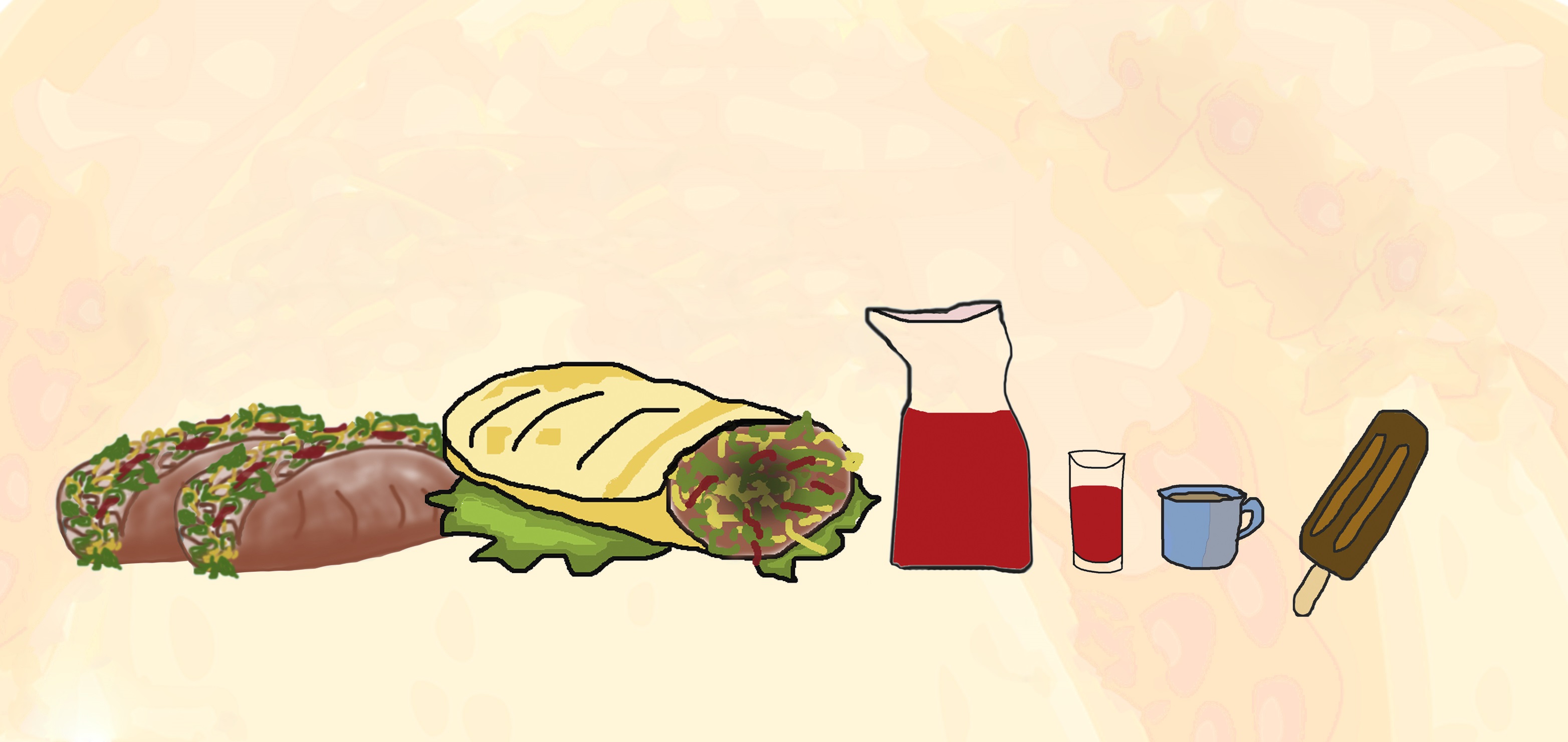 Taco, saftmugge og glass, kaffekopp og is.